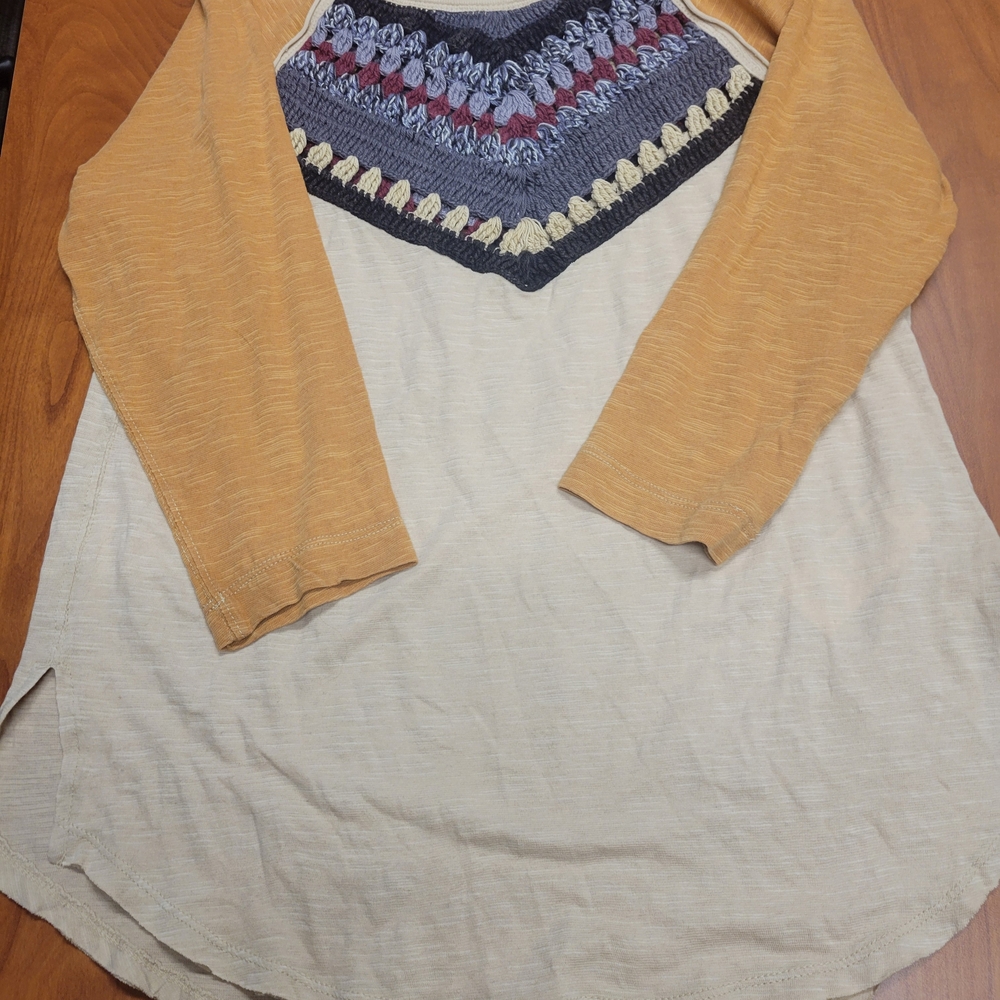 Free People We the‎ Free Spring Bound Crochet Yoke Boho Linen Blend Top S Raglan
